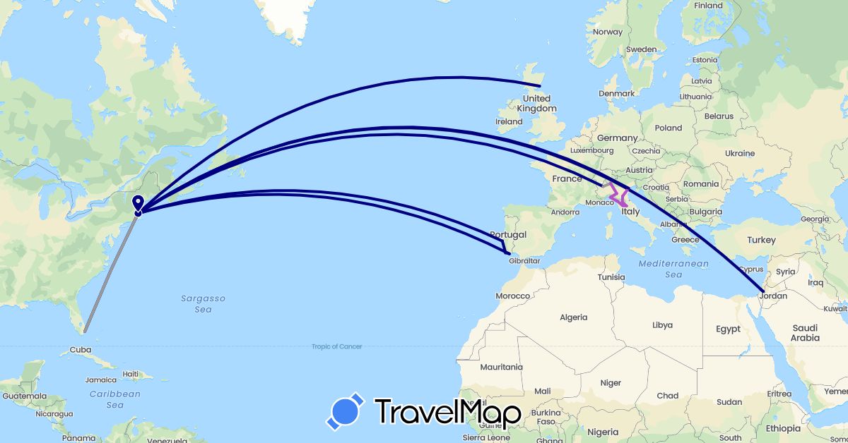 TravelMap itinerary: driving, plane, train in United Kingdom, Israel, Italy, Portugal, United States (Asia, Europe, North America)